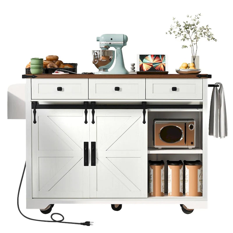 53.7 Farmhouse Kitchen Island With Power Outlet and Sliding Barn Doors, Rustic Storage Island With Drop Leaf and Drawers