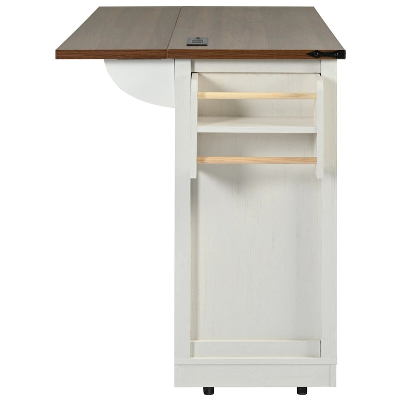 53.7 Farmhouse Kitchen Island With Power Outlet and Sliding Barn Doors, Rustic Storage Island With Drop Leaf and Drawers