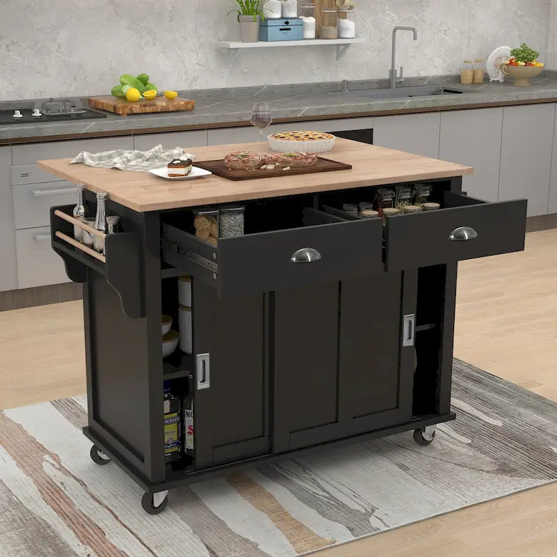 Kitchen Cart With Rubber Wood Drop-Leaf Countertop(no include stool)