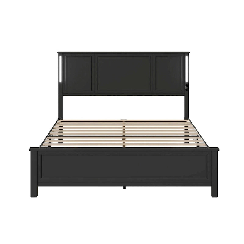 Queen Size Platform Bed with Wood Headboard and Charger