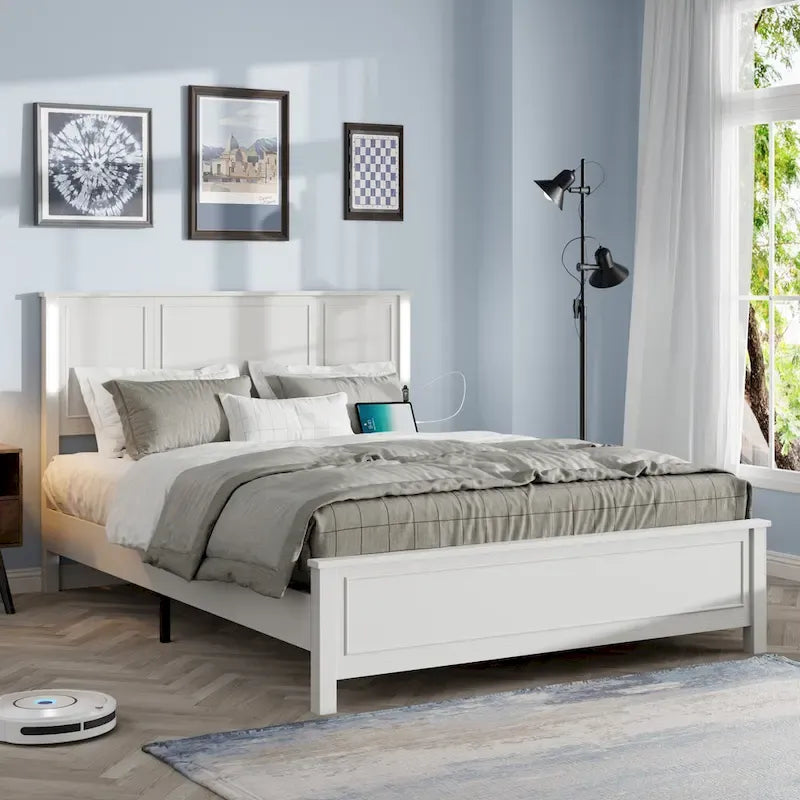 Queen Size Platform Bed with Wood Headboard and Charger