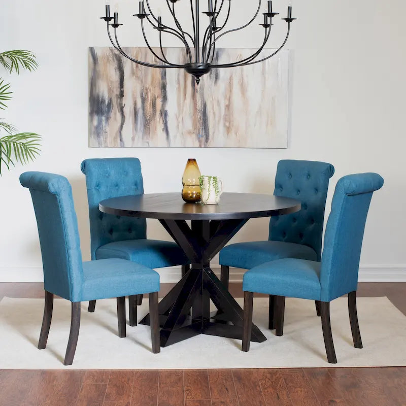 Modern Style 5-Piece Dining Set with Cross Base Round Table and 4 Button Tufted Linen Upholstered Chairs