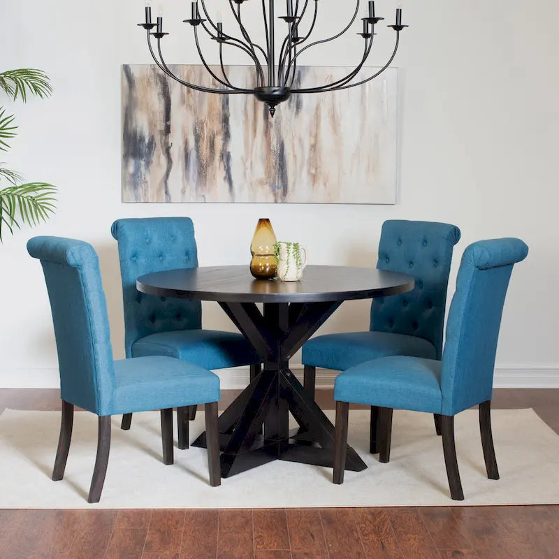 Modern Style 5-Piece Dining Set with Cross Base Round Table and 4 Button Tufted Linen Upholstered Chairs