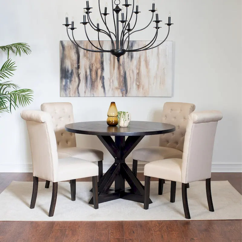 Modern Style 5-Piece Dining Set with Cross Base Round Table and 4 Button Tufted Linen Upholstered Chairs