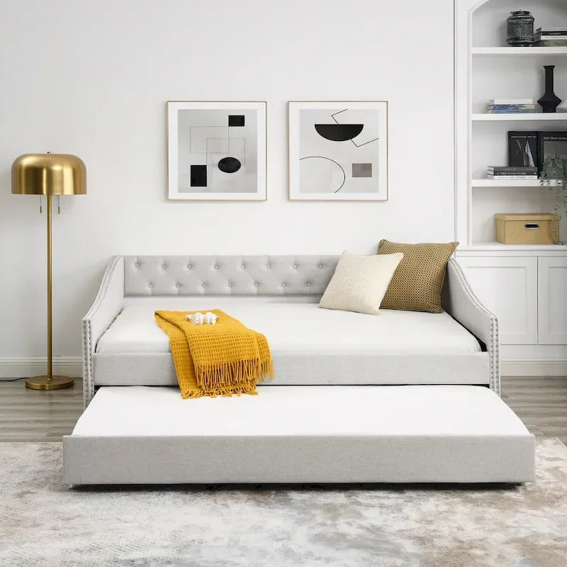 Upholstered Daybed Frame with Trundle & Tufted Backrest
