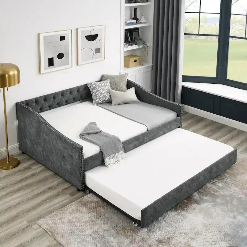Upholstered Daybed Frame with Trundle & Tufted Backrest