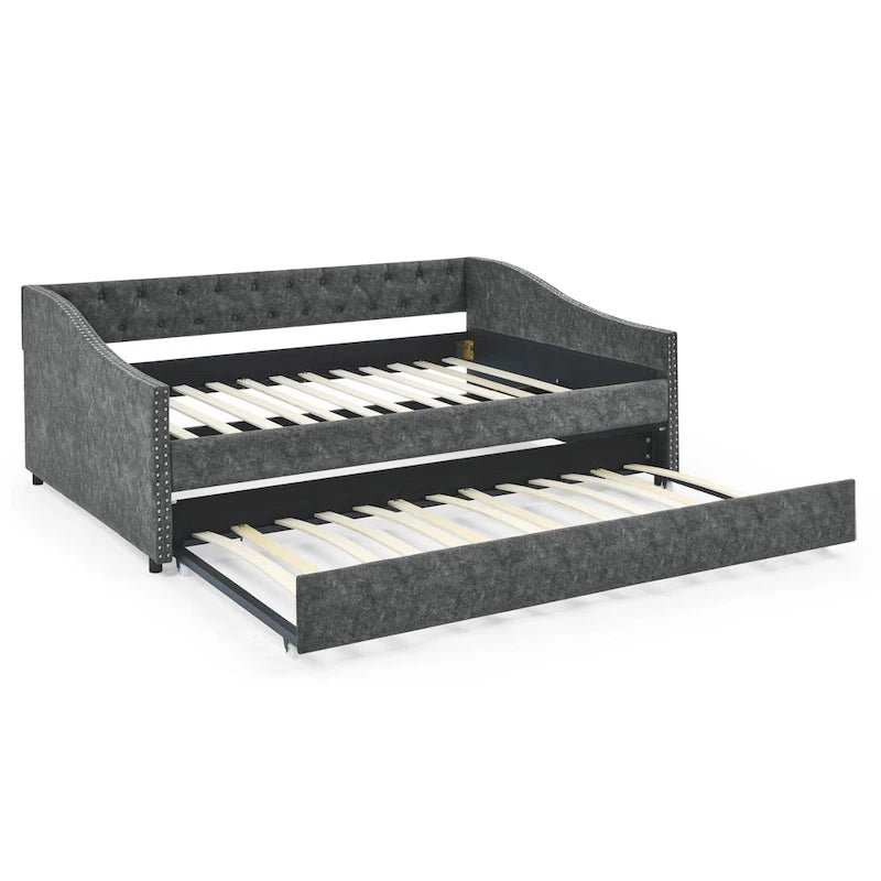 Upholstered Daybed Frame with Trundle & Tufted Backrest
