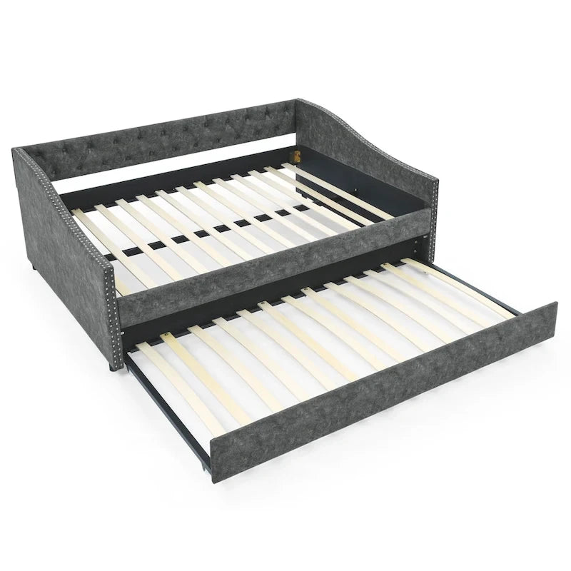 Upholstered Daybed Frame with Trundle & Tufted Backrest