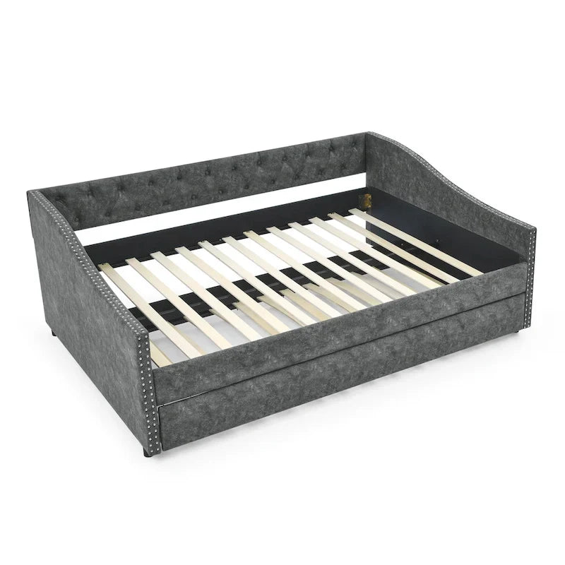 Upholstered Daybed Frame with Trundle & Tufted Backrest