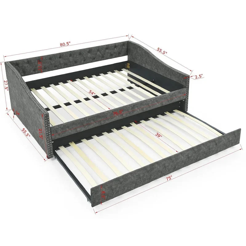 Upholstered Daybed Frame with Trundle & Tufted Backrest