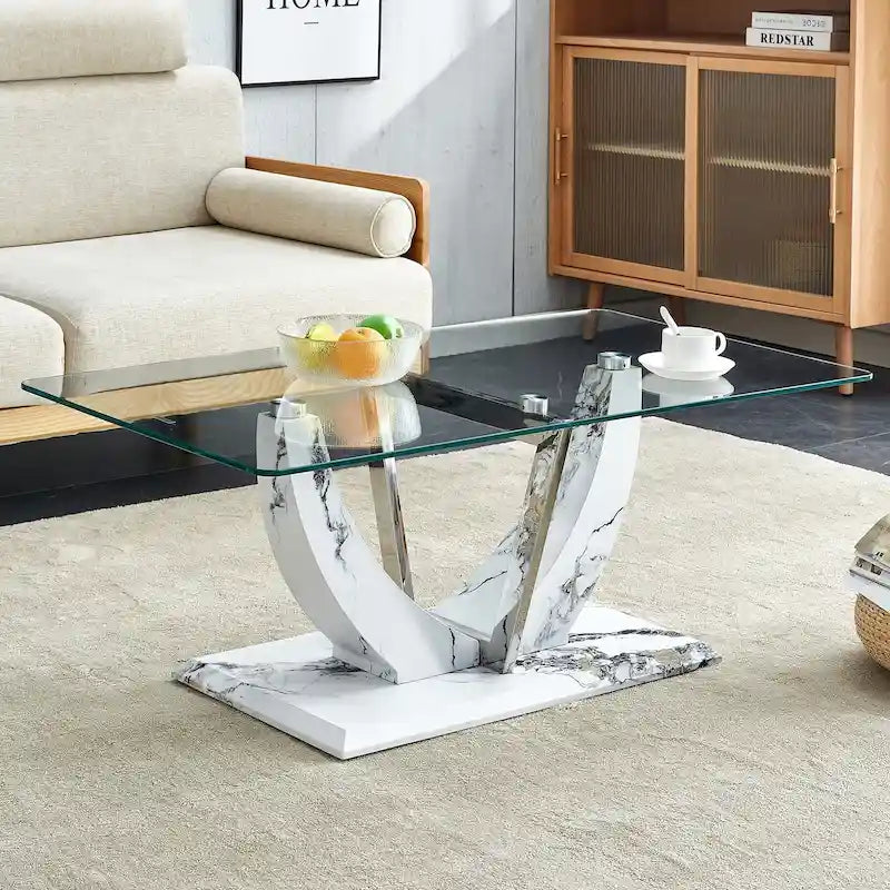 43.3 Modern Rectangular Coffee Table with Stainless Steel Decorative Columns and Thick Base Support