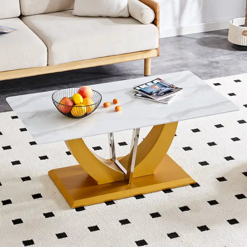 43.3 Modern Rectangular Coffee Table with Stainless Steel Decorative Columns and Thick Base Support