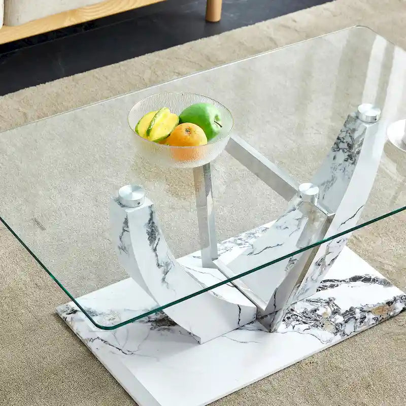 43.3 Modern Rectangular Coffee Table with Stainless Steel Decorative Columns and Thick Base Support