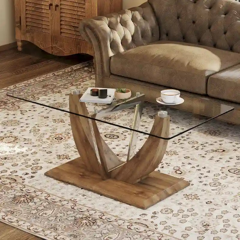 43.3 Modern Rectangular Coffee Table with Stainless Steel Decorative Columns and Thick Base Support
