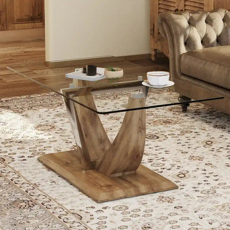 43.3 Modern Rectangular Coffee Table with Stainless Steel Decorative Columns and Thick Base Support
