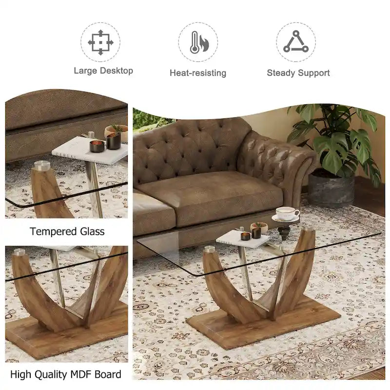 43.3 Modern Rectangular Coffee Table with Stainless Steel Decorative Columns and Thick Base Support