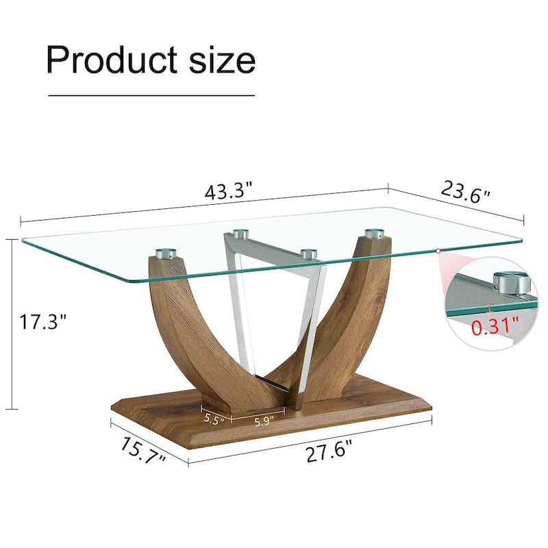 43.3 Modern Rectangular Coffee Table with Stainless Steel Decorative Columns and Thick Base Support