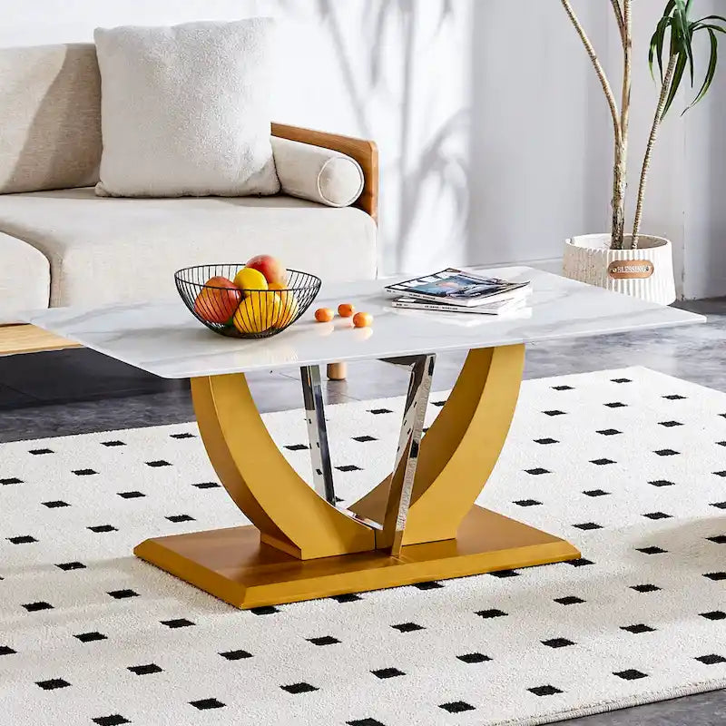 43.3 Modern Rectangular Coffee Table with Stainless Steel Decorative Columns and Thick Base Support