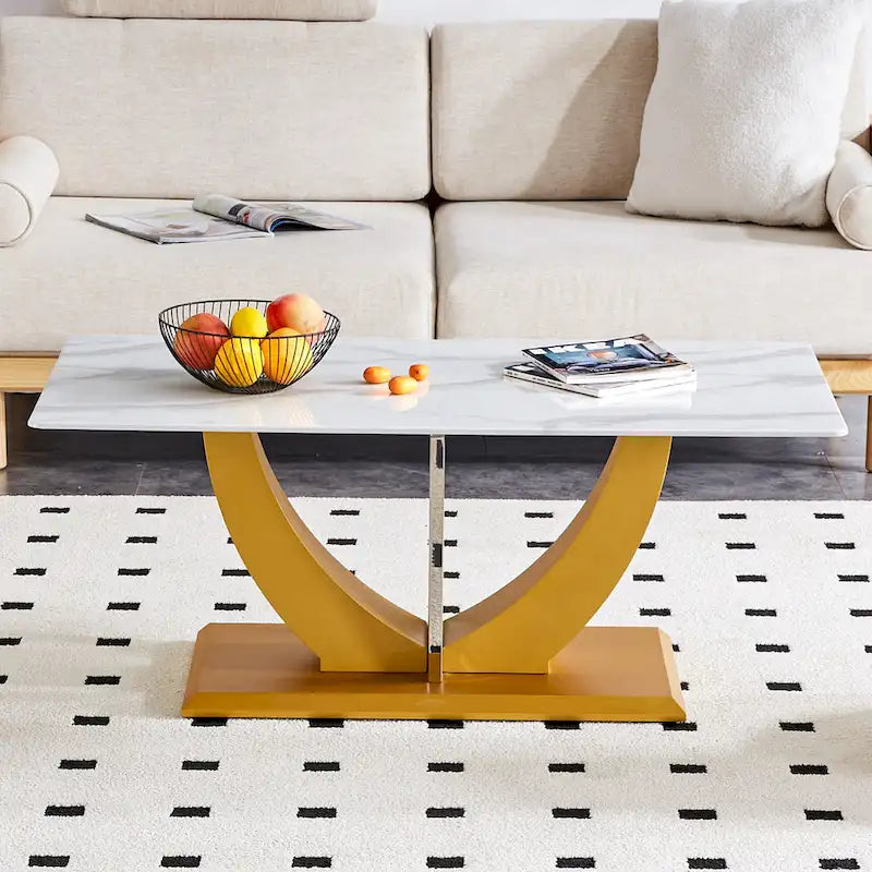 43.3 Modern Rectangular Coffee Table with Stainless Steel Decorative Columns and Thick Base Support