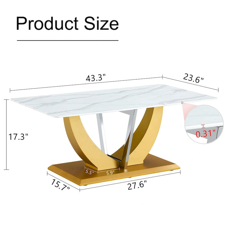 43.3 Modern Rectangular Coffee Table with Stainless Steel Decorative Columns and Thick Base Support