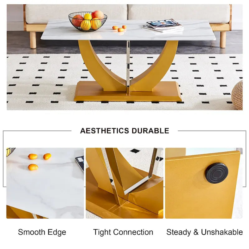 43.3 Modern Rectangular Coffee Table with Stainless Steel Decorative Columns and Thick Base Support
