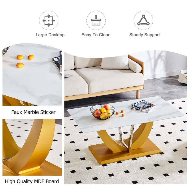 43.3 Modern Rectangular Coffee Table with Stainless Steel Decorative Columns and Thick Base Support