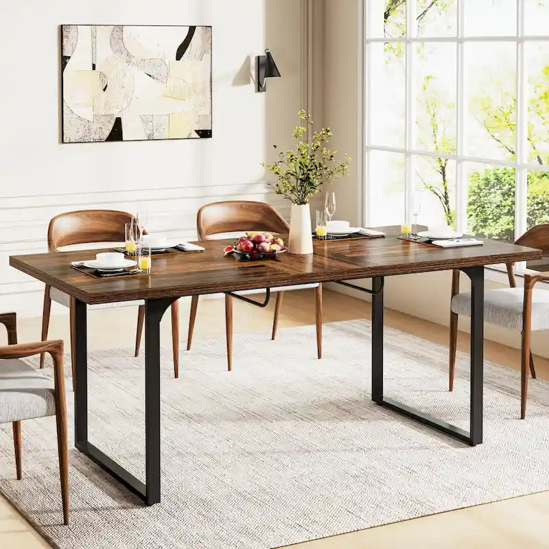 Extendable Dining Room Table for 6-8 people, Wood Rectangular Dinner Table with Metal Frame