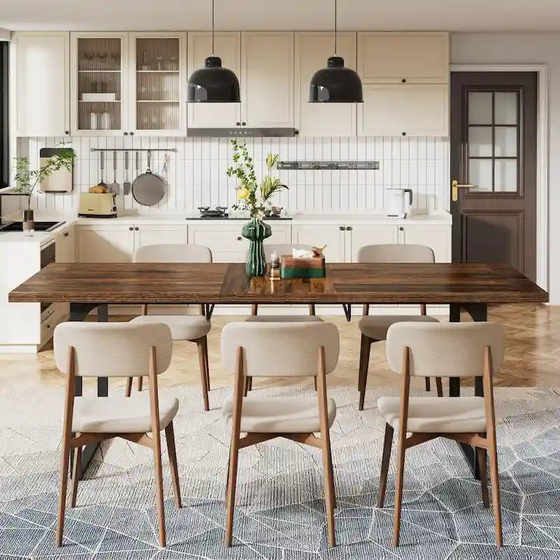 Extendable Dining Room Table for 6-8 people, Wood Rectangular Dinner Table with Metal Frame