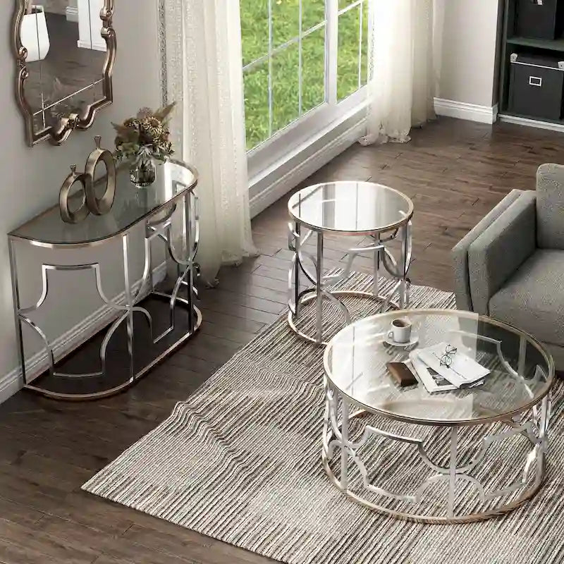 Ders Glam Chrome and Gold Plating Tempered Glass Top 3-Piece Coffee Table Set by Furniture of America