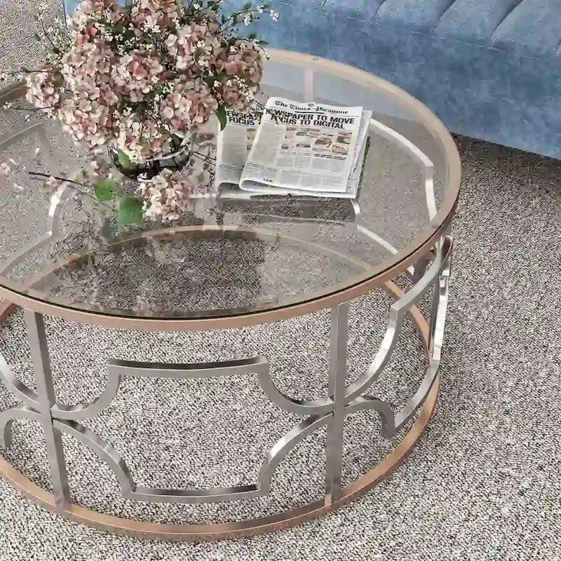 Ders Glam Chrome and Gold Plating Tempered Glass Top 3-Piece Coffee Table Set by Furniture of America