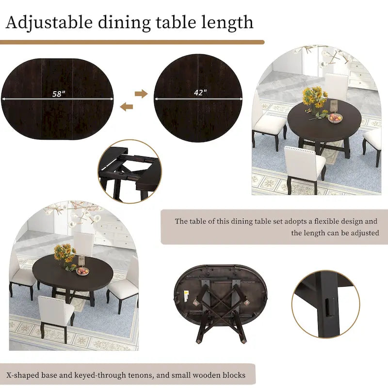 TREXM Farmhouse Round Extendable Dining Table with 16 Leaf Wood Kitchen Table