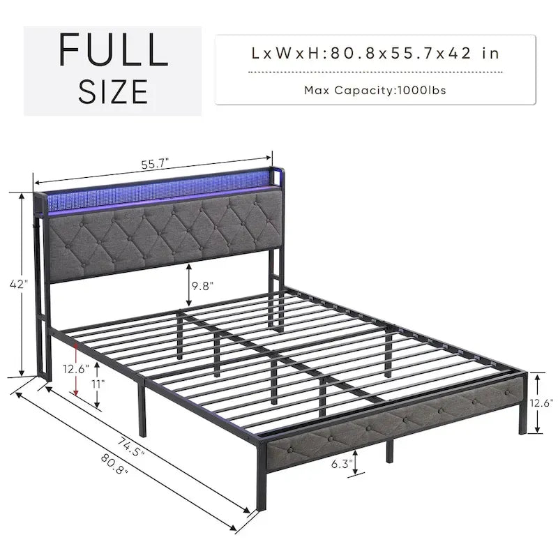 Dark Grey Full Bed with Storage Headboard, Charging Station and LED Lights
