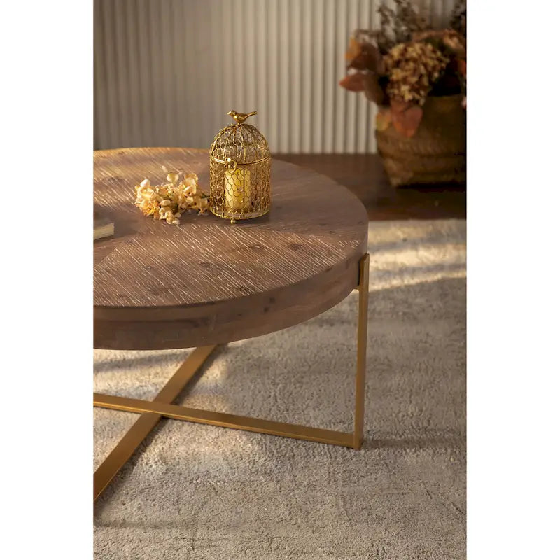 Modern Retro Splicing Round Coffee Table with Cross Legs