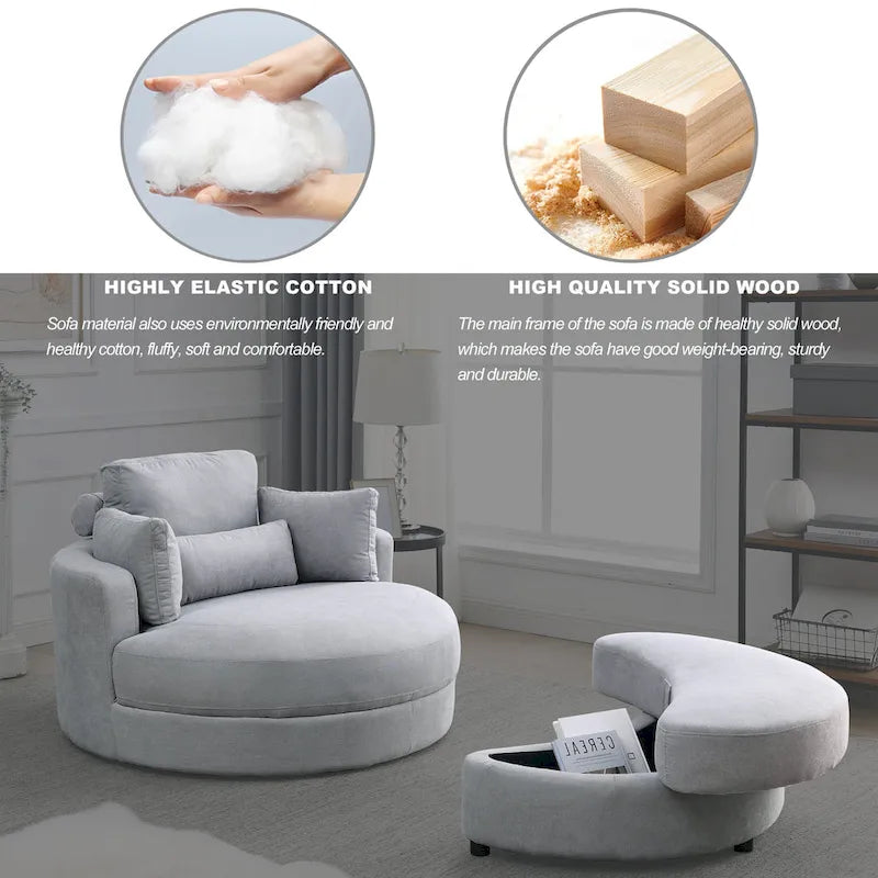 Welike Swivel Accent Barrel Modern Grey Sofa Lounge Club Big Round Chair with Storage Ottoman