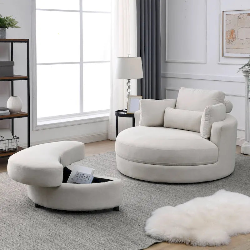 Welike Swivel Accent Barrel Modern Grey Sofa Lounge Club Big Round Chair with Storage Ottoman