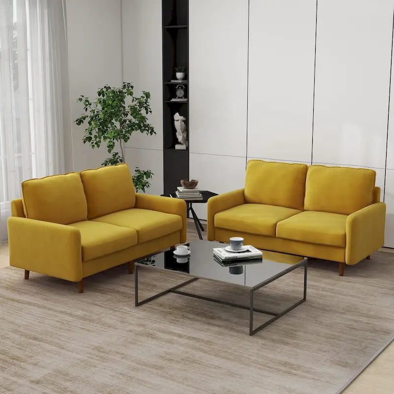 2 Pices Velvet Loveseat Wood Legs Sofa