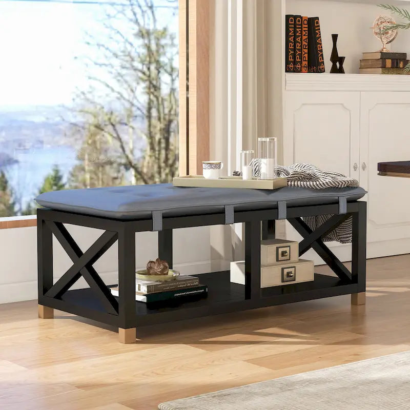 Transitional Wood Storage Bench with Removable Faux Leather Cushions by Furniture of America