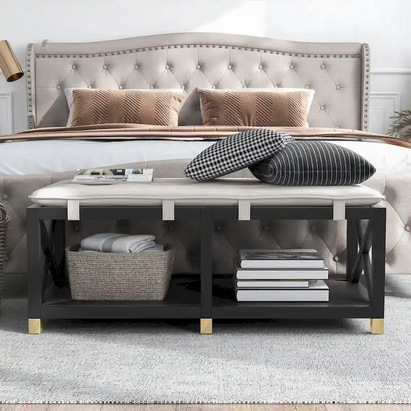 Transitional Wood Storage Bench with Removable Faux Leather Cushions by Furniture of America