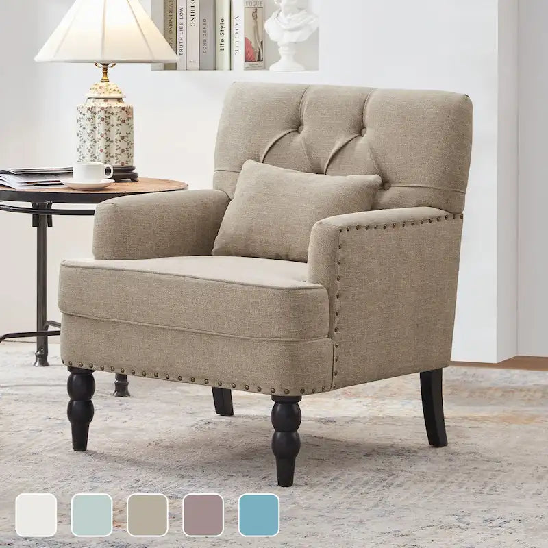 HUIMO Arm Chair Upholstered Button Tufted Accent Chair with Lumbar Pillow Beige/ Grey/ Light Blue/Brown