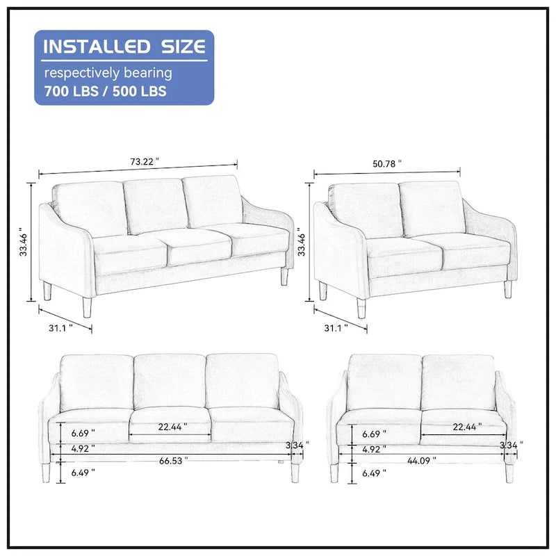 Mid-century Modern Upholstered Velvet Sofa Set with Armchair, Loveseat, 3-Seater Sofa