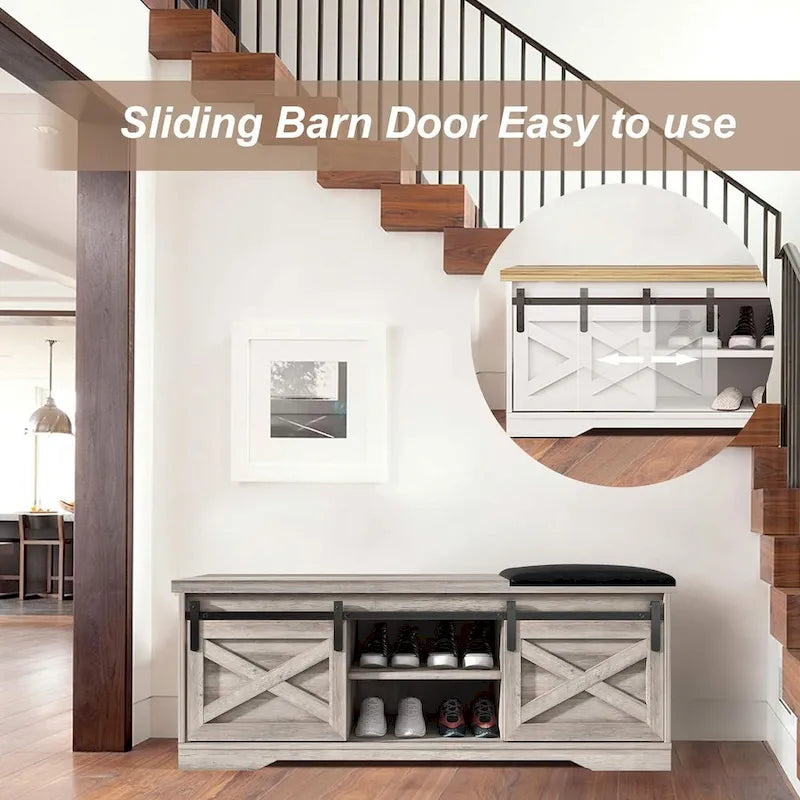 White Shoe Bench Entryway with Storage, Modern Shoe Bench with Sliding X Barn Door - 47.24'x 15.35'x 17.72'