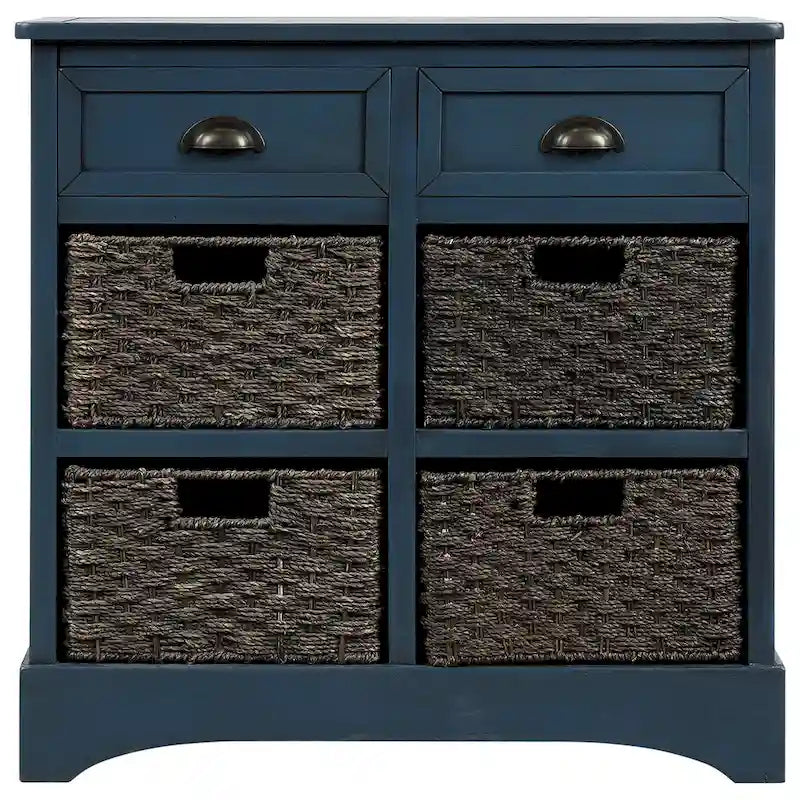 28 Wood 2 Drawers Storage Cabinet with 4 Rattan Basket