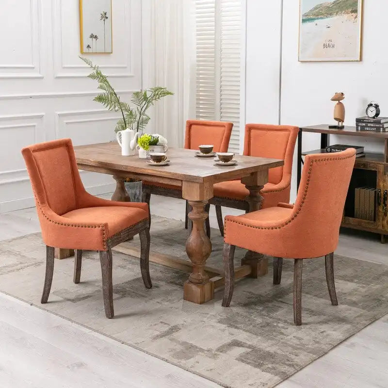 Grondin French Country Vintage Style Dining Chair Set of 2 with Linen Upholstery and Nail Head Trim Details