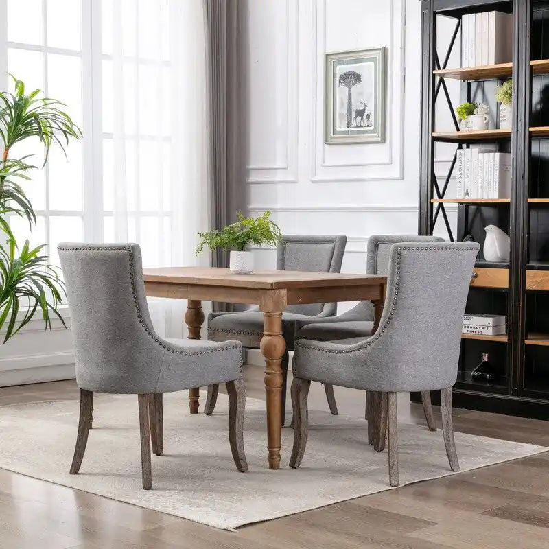 Grondin French Country Vintage Style Dining Chair Set of 2 with Linen Upholstery and Nail Head Trim Details