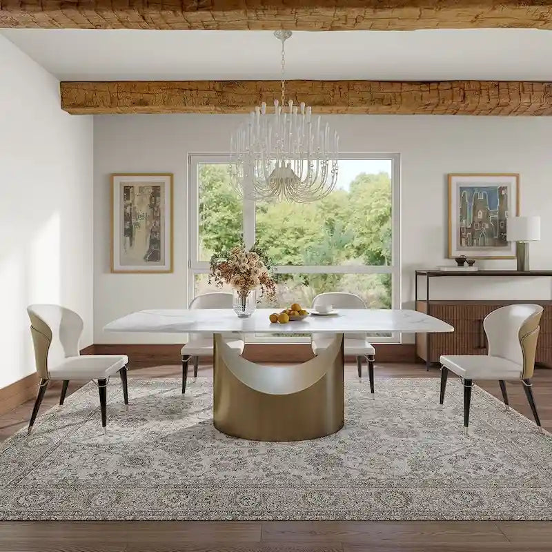 Modern Dining Table with Rectangular Sintered Stone Tabletop, Carbon Steel Leg, Minimalist Kitchen Dining Room Table