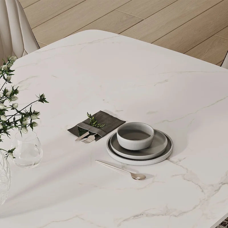 Modern Dining Table with Rectangular Sintered Stone Tabletop, Carbon Steel Leg, Minimalist Kitchen Dining Room Table