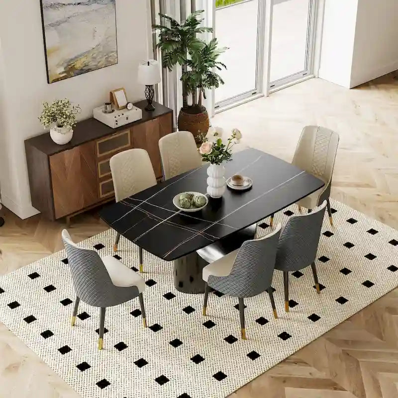 Modern Dining Table with Rectangular Sintered Stone Tabletop, Carbon Steel Leg, Minimalist Kitchen Dining Room Table