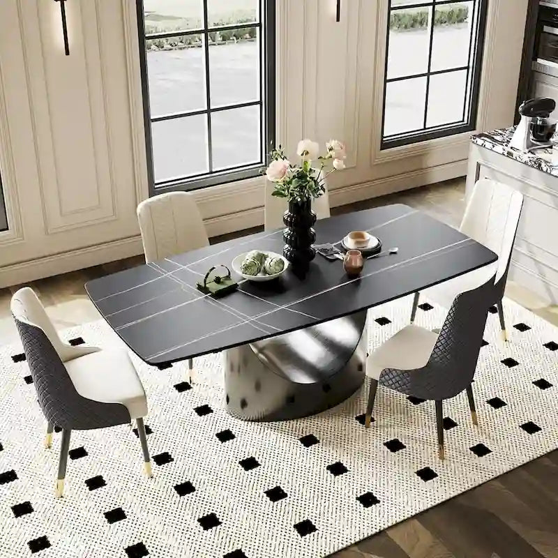 Modern Dining Table with Rectangular Sintered Stone Tabletop, Carbon Steel Leg, Minimalist Kitchen Dining Room Table