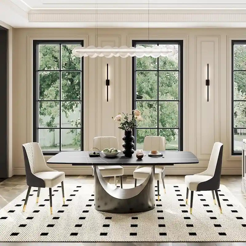 Modern Dining Table with Rectangular Sintered Stone Tabletop, Carbon Steel Leg, Minimalist Kitchen Dining Room Table