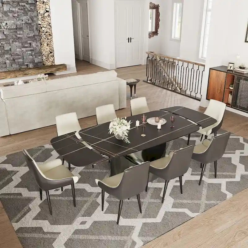 Modern Dining Table with Rectangular Sintered Stone Tabletop, Carbon Steel Leg, Minimalist Kitchen Dining Room Table